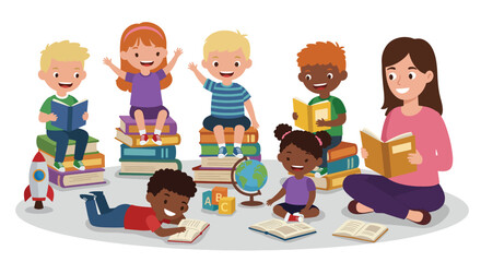 Diverse group of happy children reading books with teacher.
