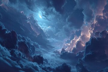 Night sky with moonlight and dramatic clouds creates mystical and serene atmosphere, showcasing celestial scene filled with stars and illuminated cloud formations