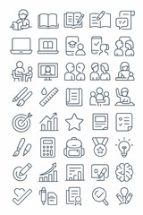 A complete set of minimalist line icons depicting household cleaning, domestic chores, and home organization themes