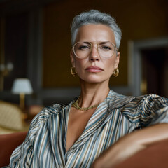 Confident older woman with short gray hair wearing gold hoop earrings, chain necklace, and large glasses, dressed in striped blouse, sitting in stylish indoor setting