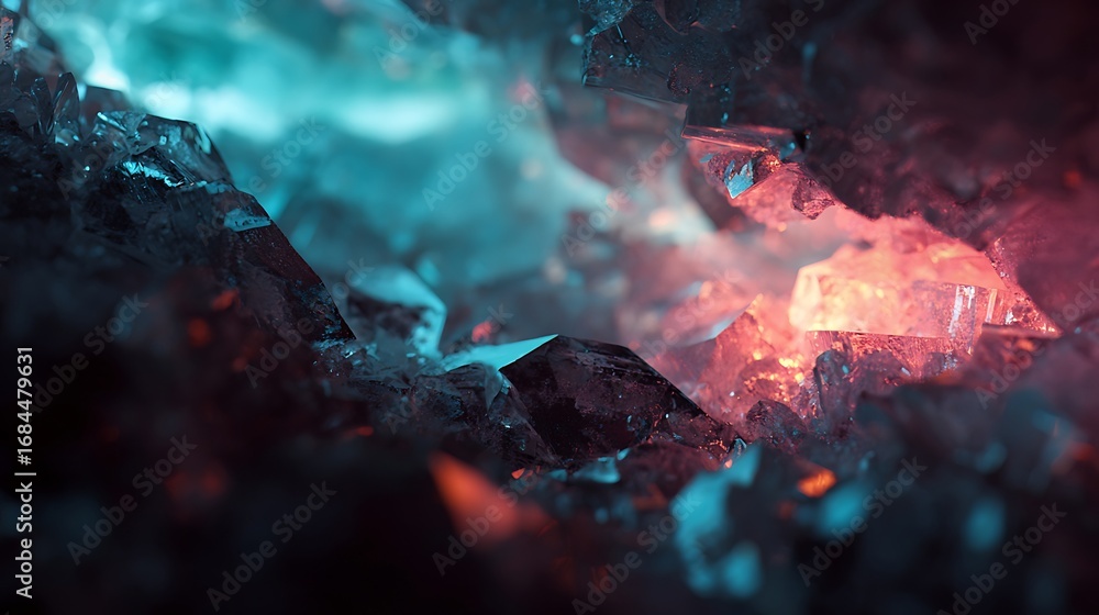 Poster a captivating abstract crystal formation with vibrant blue and red hues, showcasing a shiny texture 