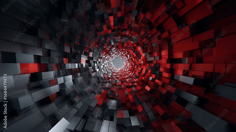 Poster abstract tunnel of red and gray blocks converging towards a bright light, creating a sense of depth 