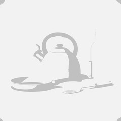 Monochromatic kitchen scene of kettle, pan and spatula conveying simplicity and elegance