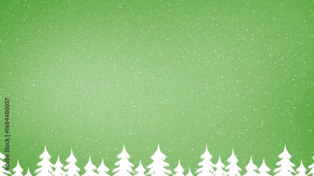 Poster animation of snow falling over green background with fir trees