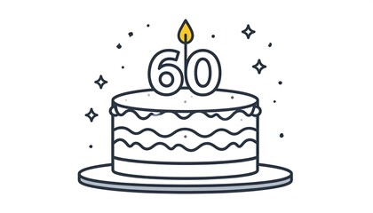 A stylized illustration of a birthday cake with sixty candles, showcasing a celebratory theme.