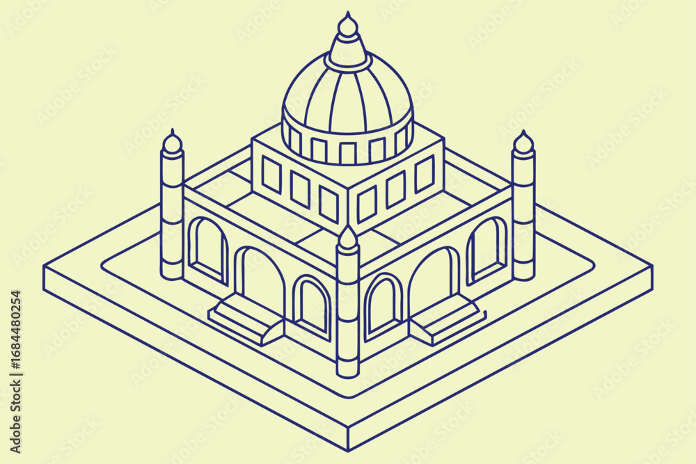 Aufkleber isometric outline drawing of a domed building with minarets on a light yellow background architectur