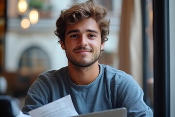 Portrait of a young businessman, office worker who works in the office on a laptop and holds documents, bills, and agreements, looking at the camera with a confident smile, Generative AI