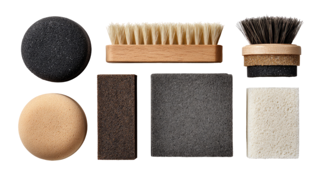Assortment of shoe care tools.  Various brushes, and polishing cloths/pads.  Natural materials, wooden handles