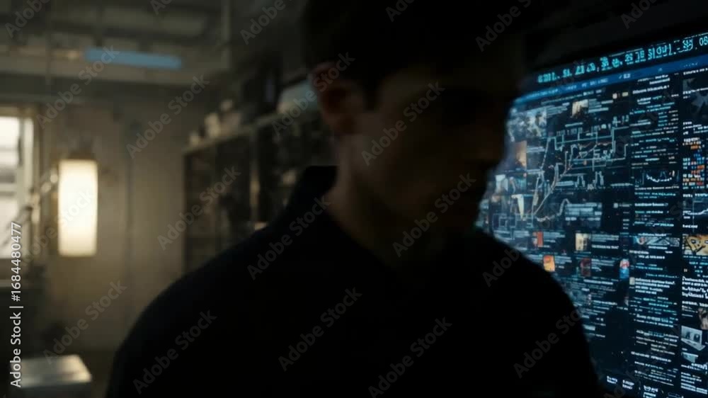 Poster a man standing in front of a computer monitor.