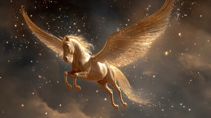 A galloping wild stallion silhouette with a flowing mane stands against the desert night sky, a stylized vector art illustration