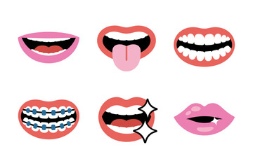 Cute mouth sticker pack, braces gummy smile, puckered lips, tongue clipart, orthodontic before after icons, fun dental cartoon illustrations © RA Studio