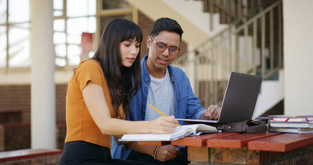 Studying, notes and students with books and laptop for learning, education and exam prep. Writing, university and woman with man on computer with textbooks for assignment, test or knowledge at school