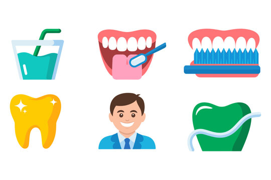 Oral hygiene tool icon set, manual electric toothbrush, toothpaste tube, mouthwash cup, sparkling tooth symbol, dentist, floss rinse illustrations pack