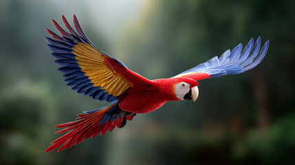 Colorful scarlet macaw flying in tropical rainforest