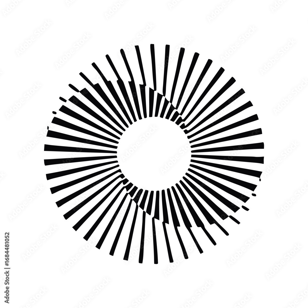 Poster abstract black and white radial design with geometric shapes creating a circular motif for modern ar