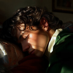 Young man sleeping peacefully with curly hair and soft sunlight casting shadows on his face, creating calm and serene atmosphere in cozy indoor setting