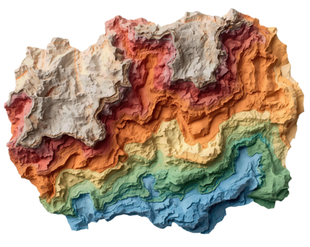 Abstract geological formation with colorful strata, evoking depth and rugged terrain on isolated