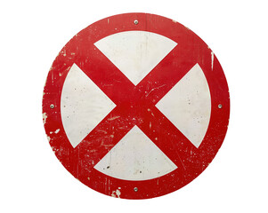 Fototapeta premium Aged regulatory sign, featuring a red circle crossed with white bars against solid minimalism