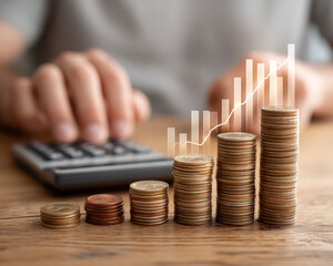 Stacked coin pile with growth chart and person using calculator in background, symbolizing financial growth and investment success in warm, focused setting
