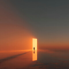 Person walking toward bright glowing doorway in surreal landscape with warm orange and dark gray tones, creating mysterious and hopeful atmosphere