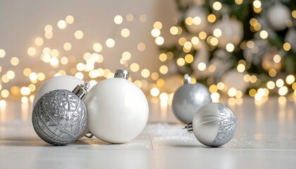 Festive, light-filled image of white and silver Christmas ornaments on a light-colored surface, with a blurred background of twinkling holiday lights.