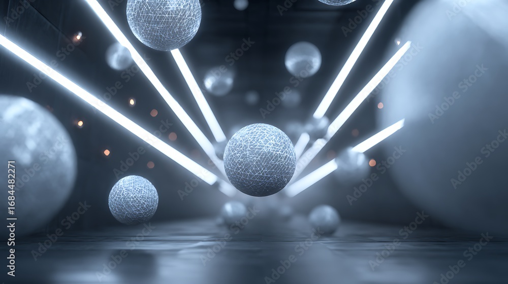 Poster a modern abstract composition of spheres and neon lights, creating a futuristic and elegant design w