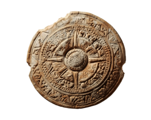 Ancient sandstone carved artifact featuring intricate celestial and figurative patterns