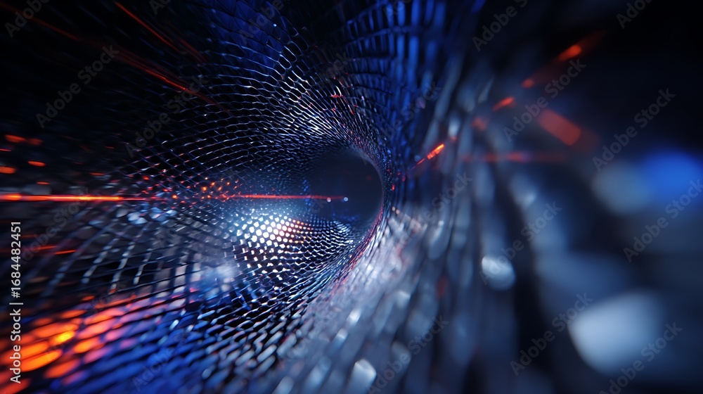 Poster abstract dark blue and red tunnel with glowing light streaks, creating a futuristic and immersive di