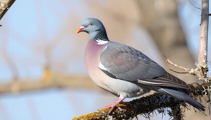 Naklejka premium A detailed close-up of a Eurasian collared dove perched serenely on a tree branch, showcasing its soft gray and pinkish-red plumage.