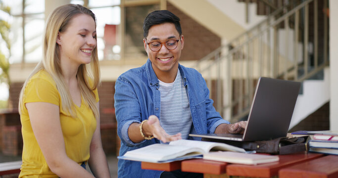 Studying, students and people with books and laptop on campus for learning, education and exam prep. School, university and friends on computer with textbooks for assignment, course and knowledge