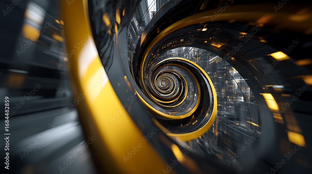Poster Abstract spiral tunnel with yellow and black stripes, creating a sense of depth and motion, suitable for technology and design projects