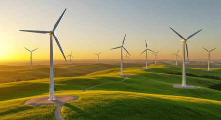 Expansive wind farm on rolling green hills generating sustainable, renewable energy during a picturesque golden hour sunset