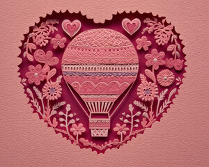 Pink paper cut art features hot air balloon surrounded by flowers and hearts inside large heart shape, creating romantic and delicate design with intricate details