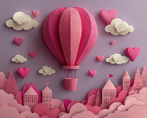 Pink hot air balloon with heart shapes and clouds floats above whimsical paper cut village surrounded by trees, creating charming and romantic atmosphere