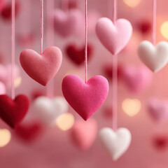 Soft fabric hearts hanging on strings in various shades of pink and red create romantic and warm atmosphere perfect for Valentine Day celebration or love themed decoration