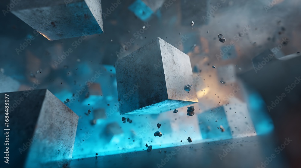 Poster abstract concrete cubes suspended in a blue mist, creating a surreal and mysterious atmosphere, idea