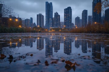 Urban Skyline at Dusk: Reflective Waterside View with City Lights and Autumn Foliage