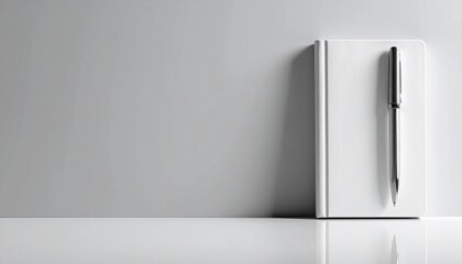 A minimalist composition of a blank, white notebook and a sleek pen, resting against a plain, neutral wall, evoking notions of writing, planning, and creativity