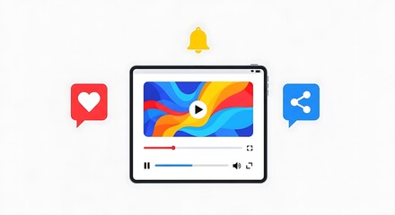 Tablet with Video Player Interface, Notification Bell, Like and Share Icons on White Background
