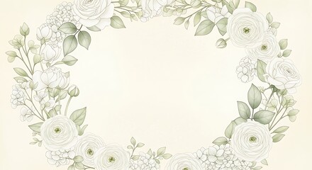 Elegant Floral Frame with White Roses and Greenery on Cream Background