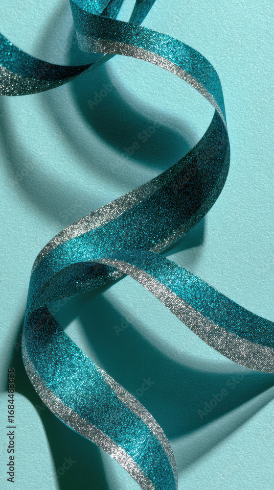 Poster elegant turquoise and silver glitter ribbon creates dynamic spiral shape. beautiful flow of curl mak