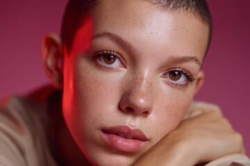 Young woman close up freckles short hair brown eyes natural beauty portrait soft lighting pink background resting chin calm expression skin texture female face beauty shot casual style thoughtful