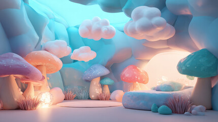 Fantasy dreamscape baby room with magical mushroom lights and floating clouds creating a whimsical world of comfort and imagination for newborns