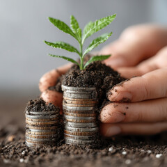 Growing plant on stacked coins with soil in hand symbolizes investment growth and wealth protection in natural environment