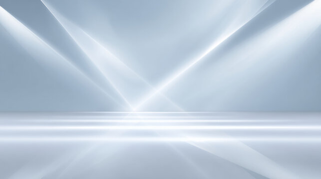 Bright, clean, abstract white background with modern, reflective floor. Crisscrossing spotlight beams create calm and empty studio space for product display