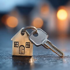 House key with metal keychain shaped like house on reflective surface with blurred warm lights in background, symbolizing real estate and home ownership