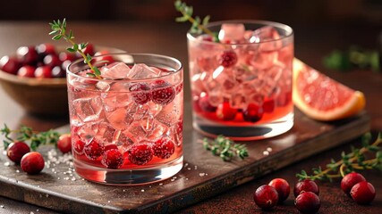 Refreshing cranberry cocktail preparation with garnish in rustic setting - Powered by Adobe
