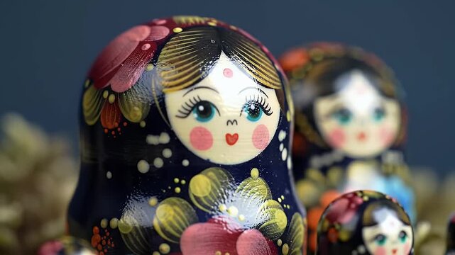 Close Up Of Traditional Russian Matryoshka Dolls With Intricate Floral Patterns On a Teal Background