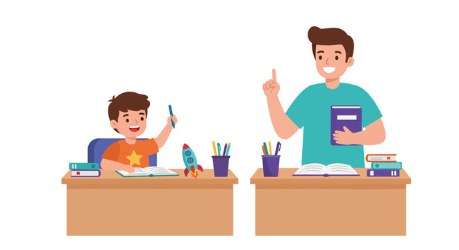 Young Student and Teacher at Desks Learning.