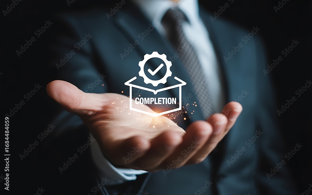 Poster concept of business process completion, successful project management, and technology solutions with